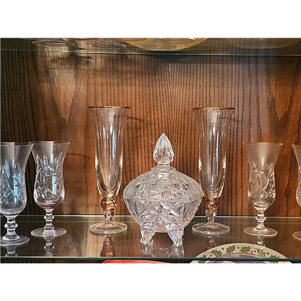 Cut Glass Crystal Candy Dish With Lid and Four Stemmed Glasses