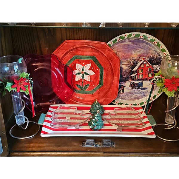 Christmas Tableware Lot With Glass Dishes, Plates, Candle Holders, Decor