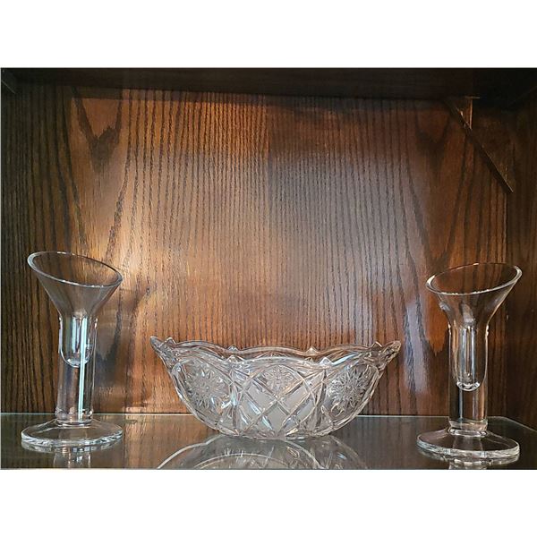 Cut Crystal Bowl and Pair of Slanted Clear Glass Vases