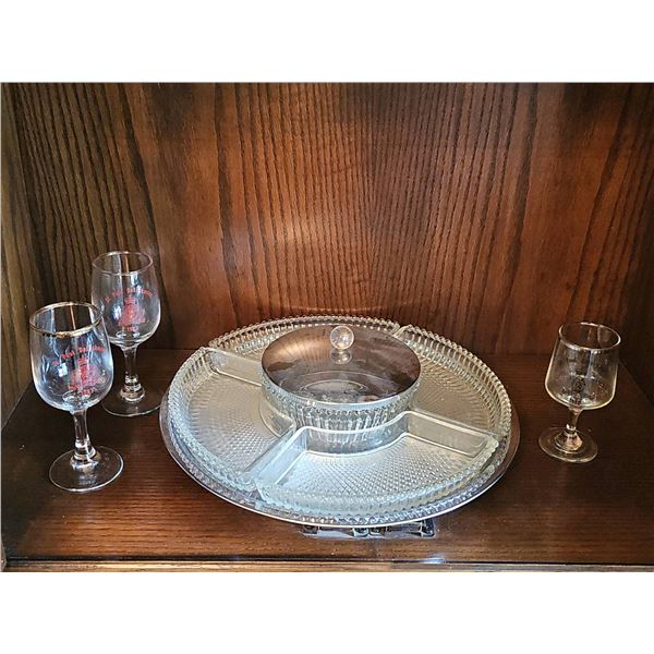 Glass Relish Tray With Lid and Four Glasses Assortment