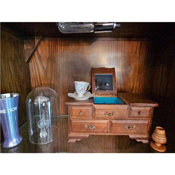 Decorative Collectibles Including Miniature Chest, Glass Angel, and Celine Dion Vase