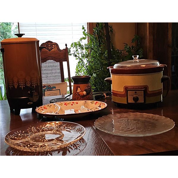 Mix of Small Appliances and Serving Ware Including Vintage Crockpot
