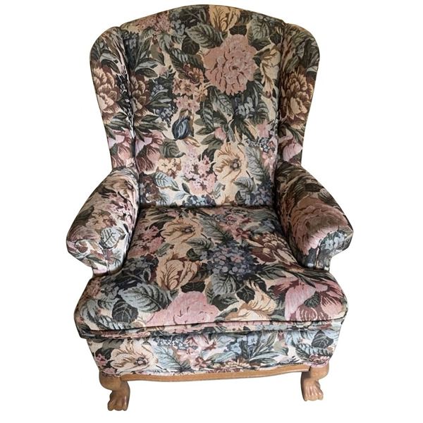 Floral Upholstered Wingback Armchair with Carved Wooden Feet