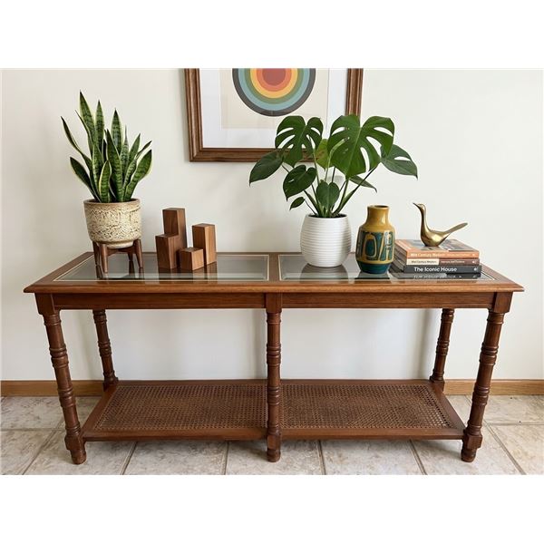 Wood and Glass Console Table with Cane Shelf