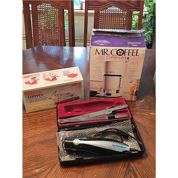 Hamilton Beach Electric Knife, Mr. Coffee Commuter Coffeemaker, and Potato Chipper