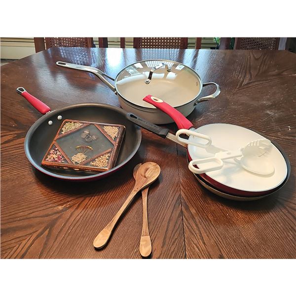 Kitchen Cookware Lot With Frying Pans, Sauté Pan, Utensils And Trivet