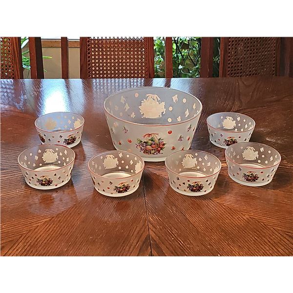 Frosted Glass Punch Bowl Set with Fruit Basket Motif, 7 Pieces