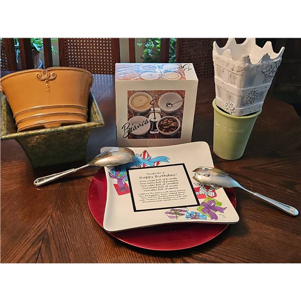 Serveware and Decorative Lot Featuring Bianca Condiment Set, Plate with Poem, Flowerpots