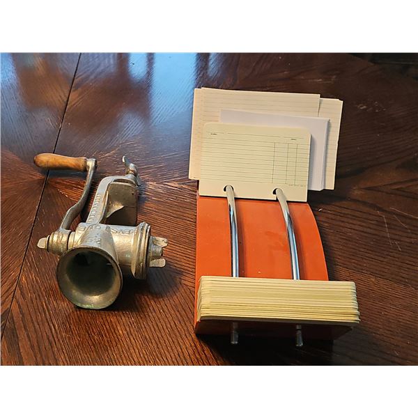 Keystone No. 20 Meat Grinder and Metal Rotary Card File