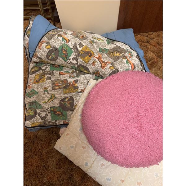 Two Pillows and Vintage Sleeping Bag with Outdoors Print