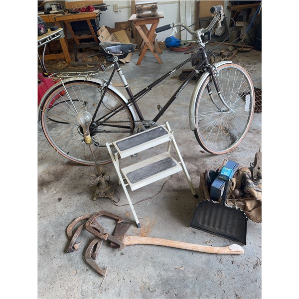 Vintage Columbia Bicycle, Cast Iron C-Clamps, Lamp, Step Stool, and Tools