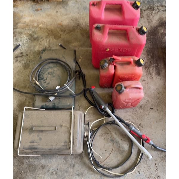 4 Plastic Gas Cans, Fuel Pump and Cook Stoves