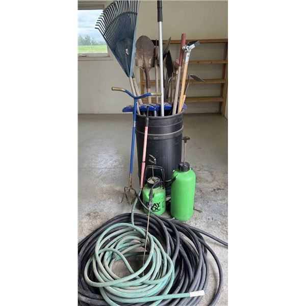 Garden Tools With Hoses, Sprayers, Rakes, and Shovels