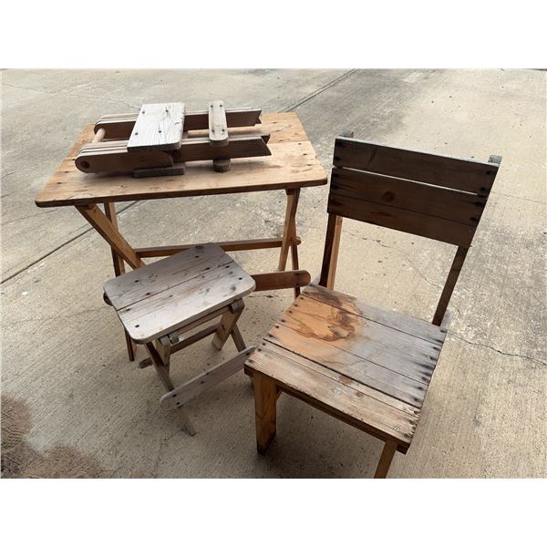Handcrafted Wooden Furniture Including Two Chairs, Folding Table, and Sled