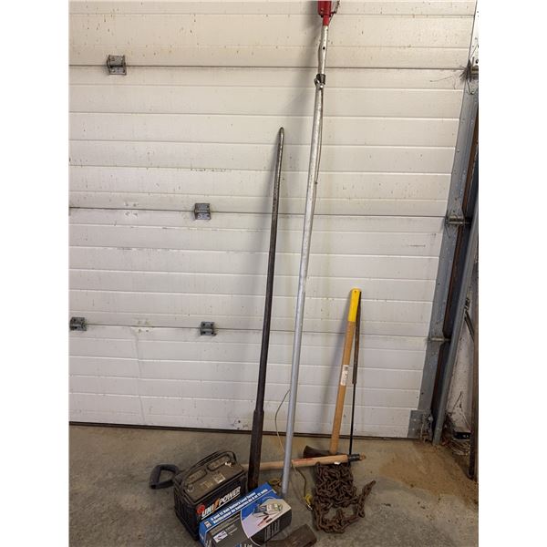 Tools and Utilities Including UniPower Battery, Axe, Pole Pruner, and Chain