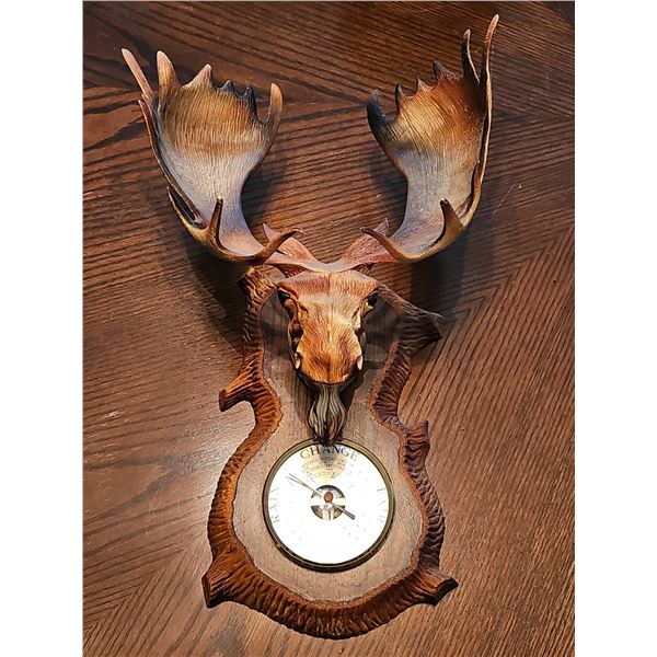 Moose Head Wood Carved Wall Barometer with Large Antlers