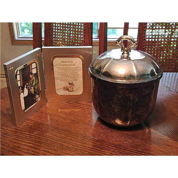 Silver-Plated Lidded Ice Bucket with First Communion Photo Frame