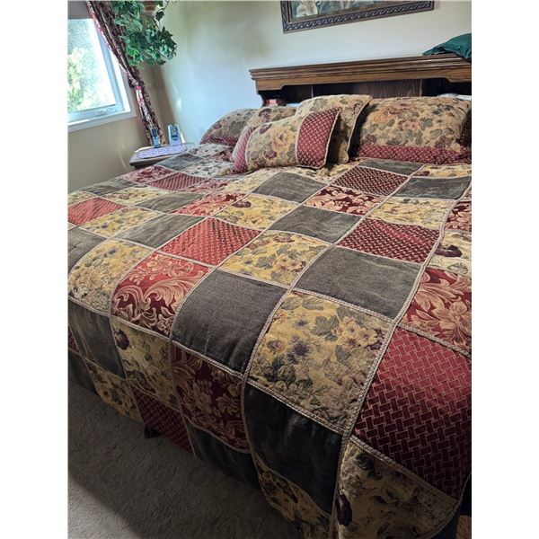 Patchwork King Bedding Set with Decorative Pillows, Curtains, and Framed Floral Art