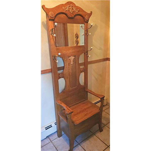 Ornate Oak Hall Tree With Mirror, Hooks, and Lift-Top Storage Bench
