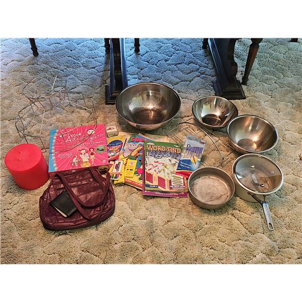 Stainless Mixing Bowls, Cookware, Wire Racks, Books, Bag and Candle