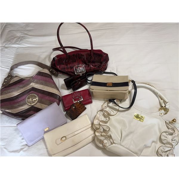 8 Mixed Brand Handbags, Wallets, and Clutches Including Guess, DC