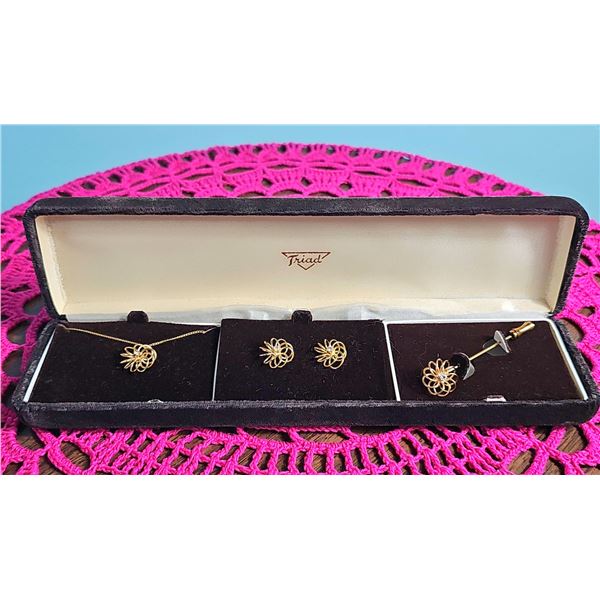 Triad Gold-Tone Jewellery Set with Pendant, Earrings, and Stick Pin