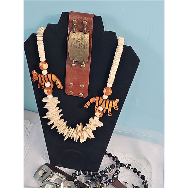 Carved Bone Necklace With Tiger Figures and Decorative Beads