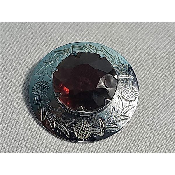 Scottish Silver Tone Brooch with Red Gemstone and Thistle Design