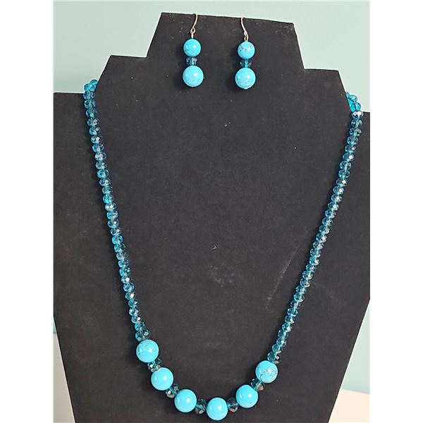 Blue Turquoise and Crystal Bead Necklace and Dangle Earring Set