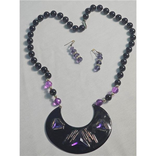 Black and Purple Bead Necklace with Pendant and Matching Earrings