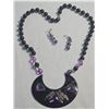 Image 1 : Black and Purple Bead Necklace with Pendant and Matching Earrings
