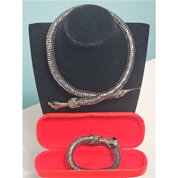 Black Metal Snake Motif Necklace and Hinged Bracelet Set