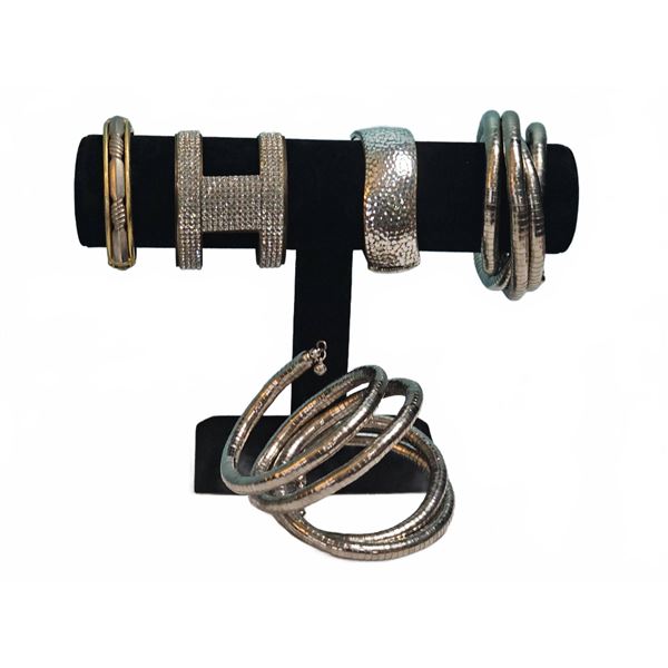 Six Mixed Metal Bangles and Cuffs Including Rhinestone and Hammered Designs
