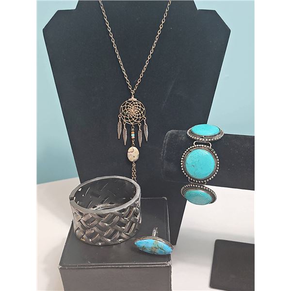 Lot: Dreamcatcher Necklace, Woven Cuff, Turquoise Bracelet, Turquoise Ring