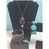 Image 1 : Lot: Dreamcatcher Necklace, Woven Cuff, Turquoise Bracelet, Turquoise Ring