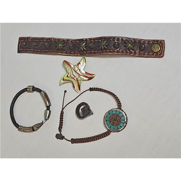 Costume Jewellery Lot: Bracelet, Ring, Pendant, Leather Wristband