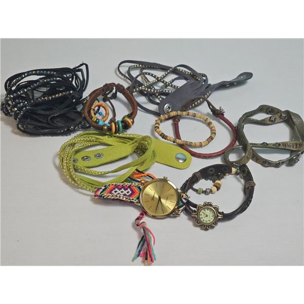 Leather and Beaded Bracelets with Two Watches