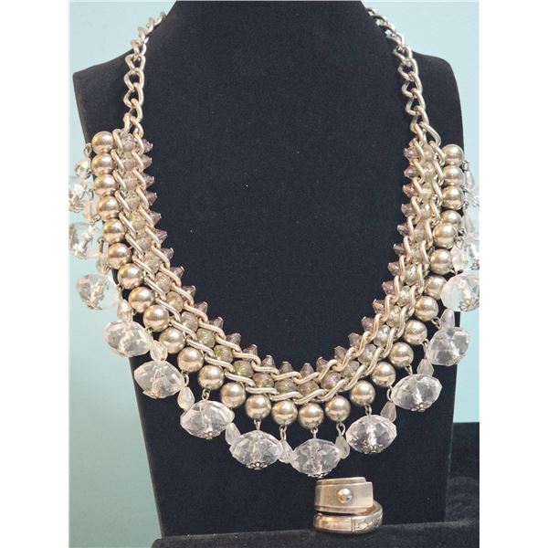 Silver Tone Chain Necklace With Glass Beads and Sterling Ring