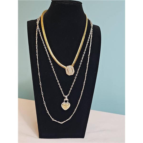 D’Orlan Gold and Silver Tone Necklace Lot With Crystal and Heart Pendants