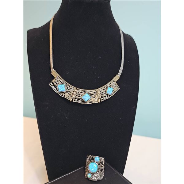 Sterling Silver Necklace and Filigree Ring with Blue Opal Stones