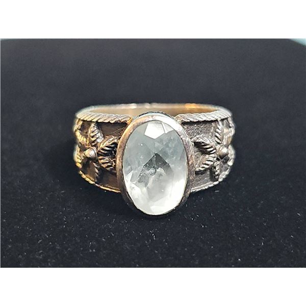 Sterling Silver Ring with Oval Faceted White Stone and Floral Band