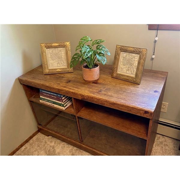Wooden Cabinet with Glass Sliding Doors and Open Shelves
