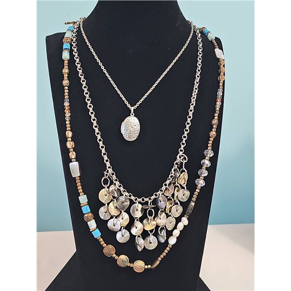 Metal and Bead Necklace Lot with Silver Tone Locket