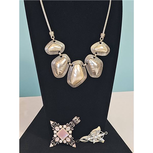 Silver-Tone Statement Necklace and Two Brooch Pendants