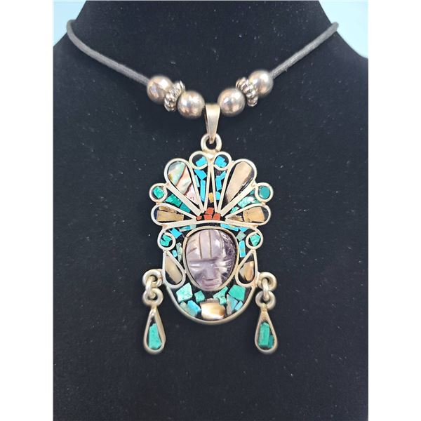 Sterling Silver Pendant with Turquoise, Shell Inlay and Carved Mask