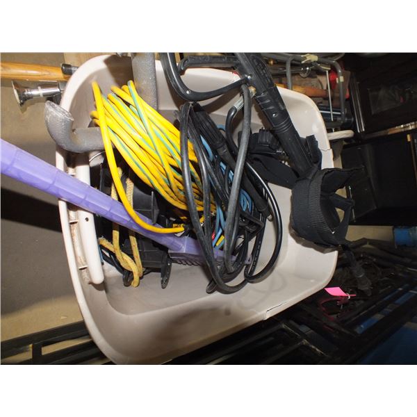 Tote Of Extension Cords & Pressure Washer Wand