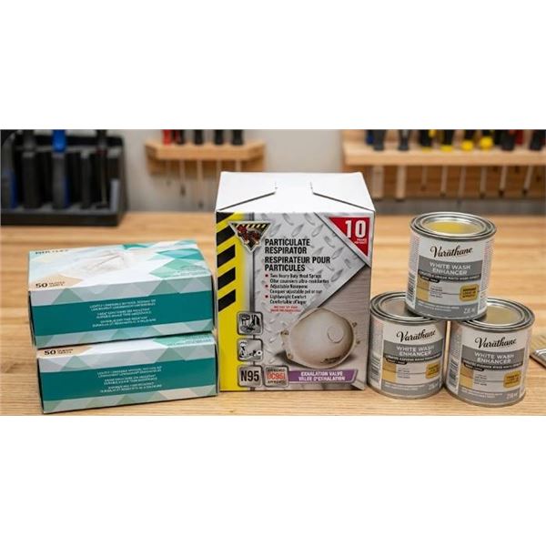 Lot of Respirator, White Wash, and Latex Gloves