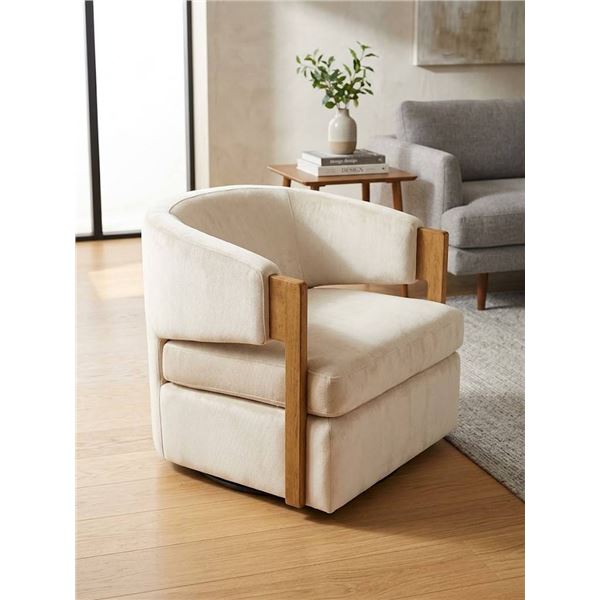 Upholstered Swivel Club Chair With Oak Arms, 18" Seat Height