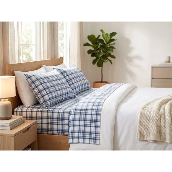 Queen Size Blue Plaid Flannel Sheet Set