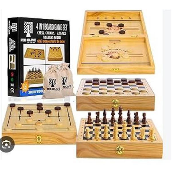 FEBOLVE 4-in-1 Solid Wood Extra Large Board Game Set